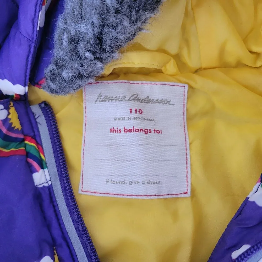 Hanna Andersson Girls Purple Rainbow Puffer Jacket W/ Faux Fur Hood Size 5 - Picture 5 of 6